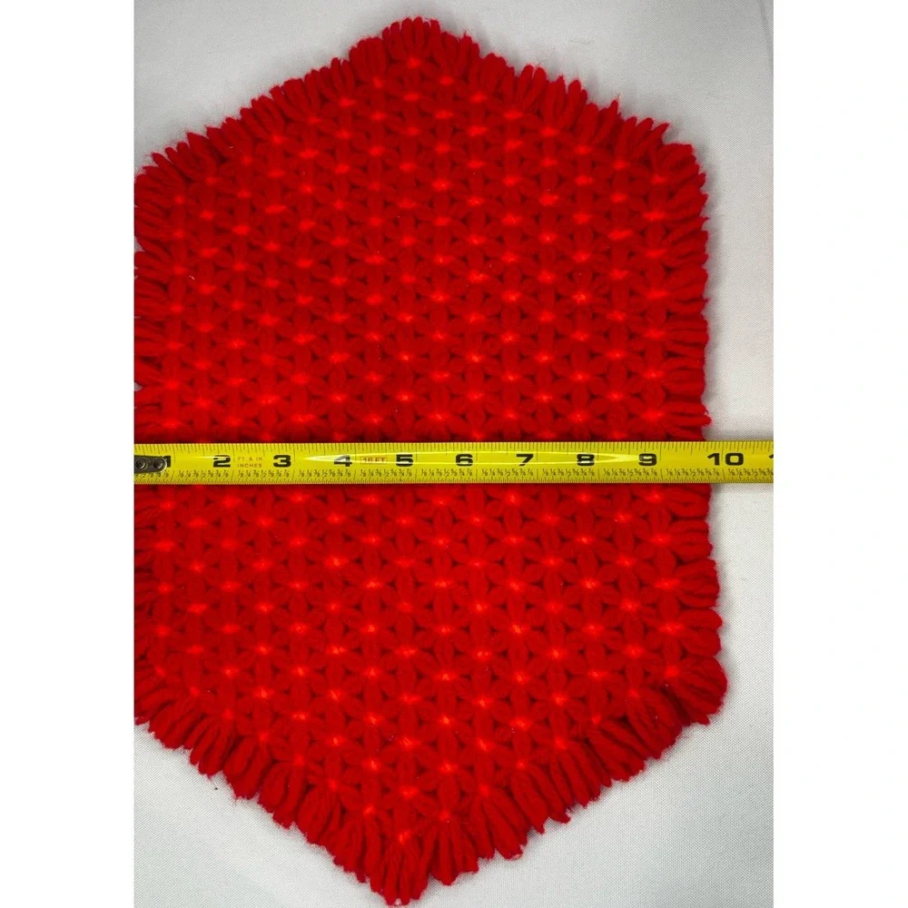 Vintage Set 2 Crochet‎ Placemat Doilies Red Orange Flowers/Stripes Handmade